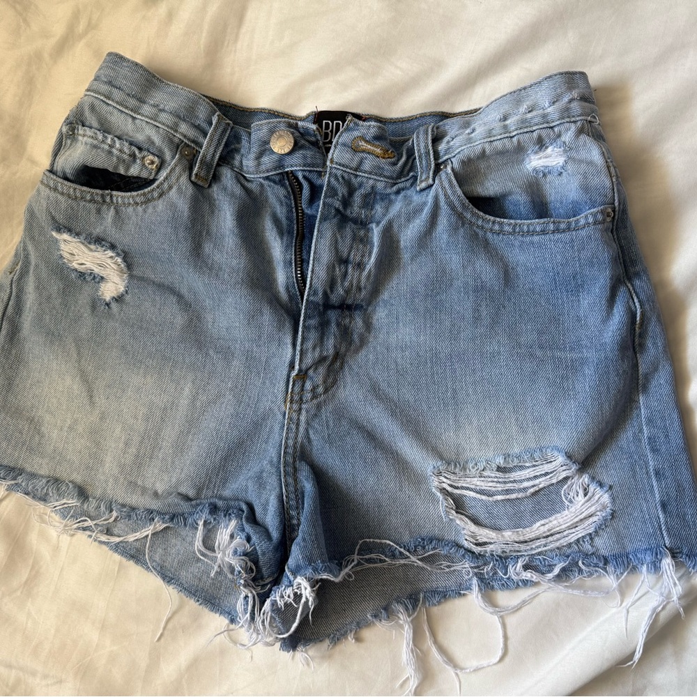 BDG Blue Distressed Jean Shorts with Frayed Hem